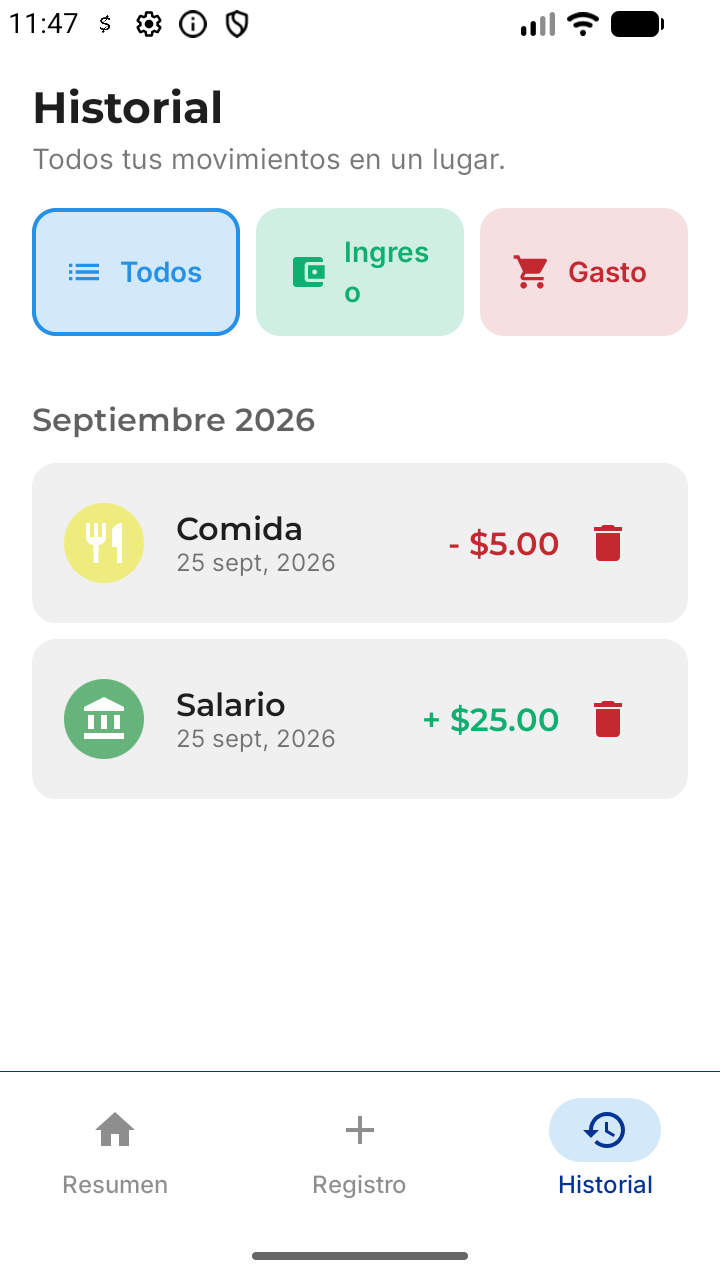 Pantalla Historial en modo claro