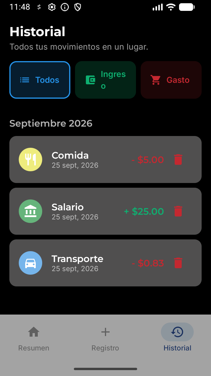 Pantalla Historial en modo oscuro