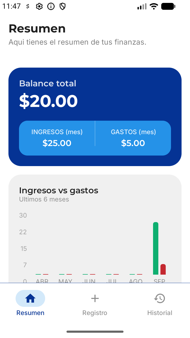 Pantalla Resumen con datos en modo claro