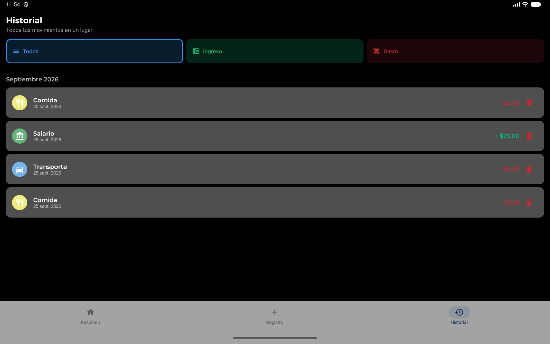 Pantalla Historial en tablet, modo oscuro
