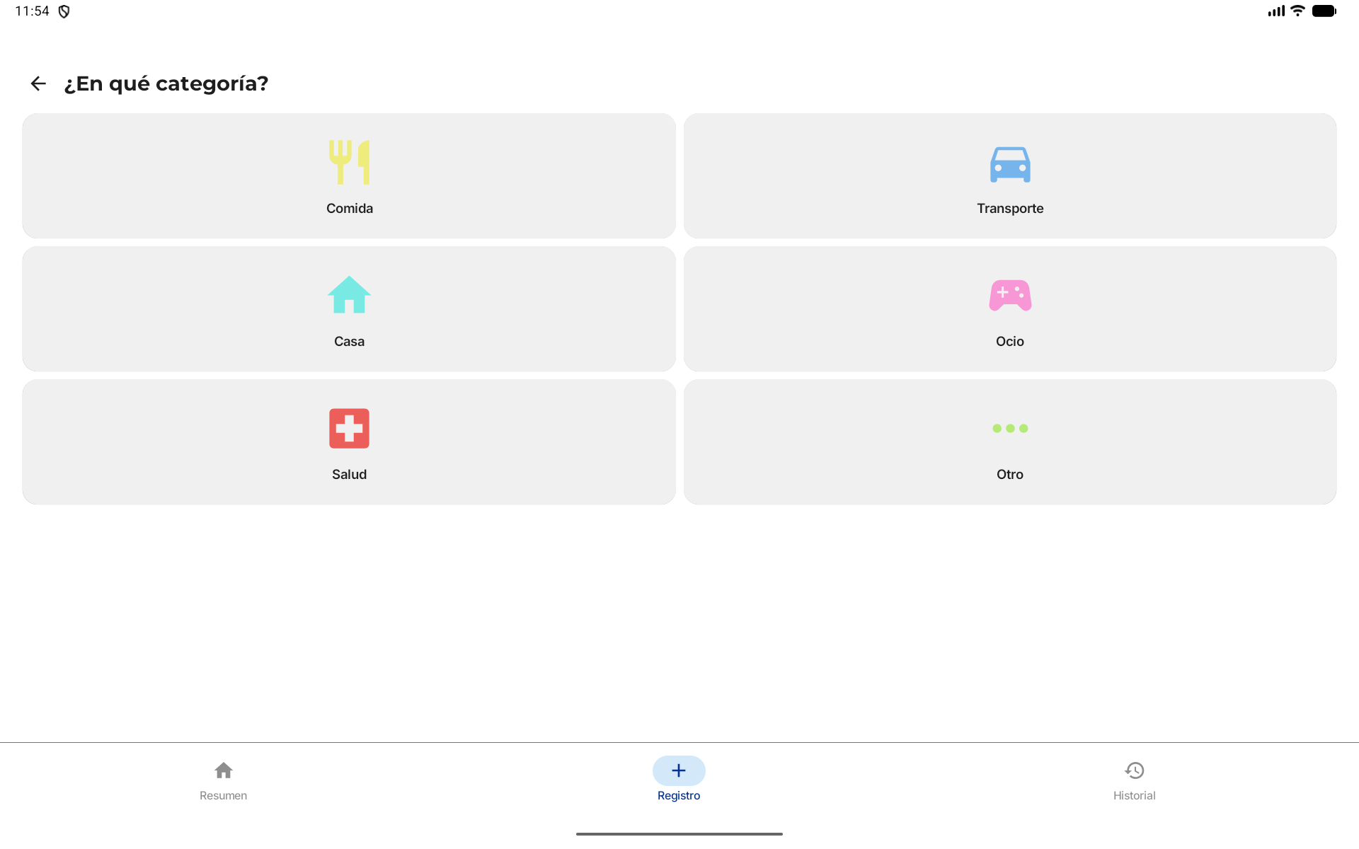 Paso de categoría del registro en tablet, modo claro