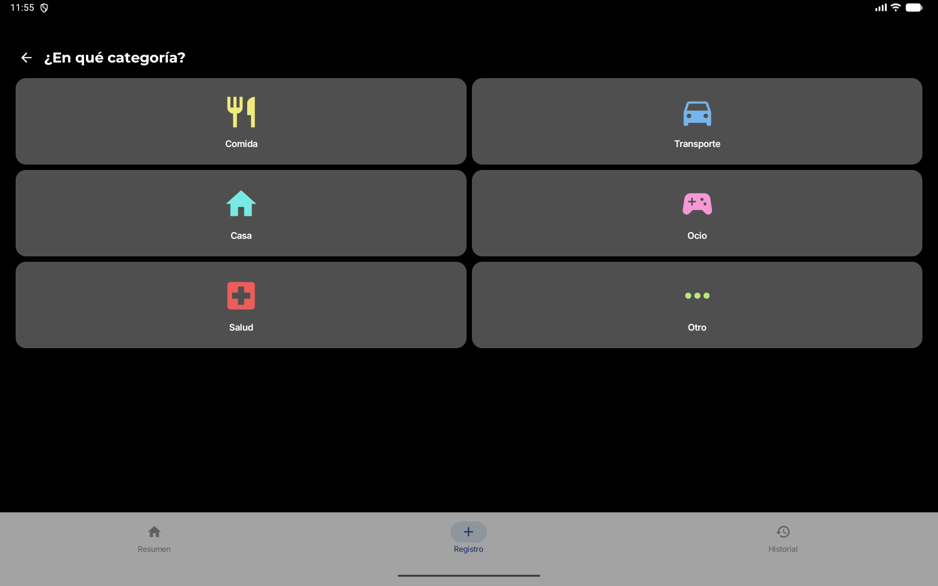 Paso de categoría del registro en tablet, modo oscuro