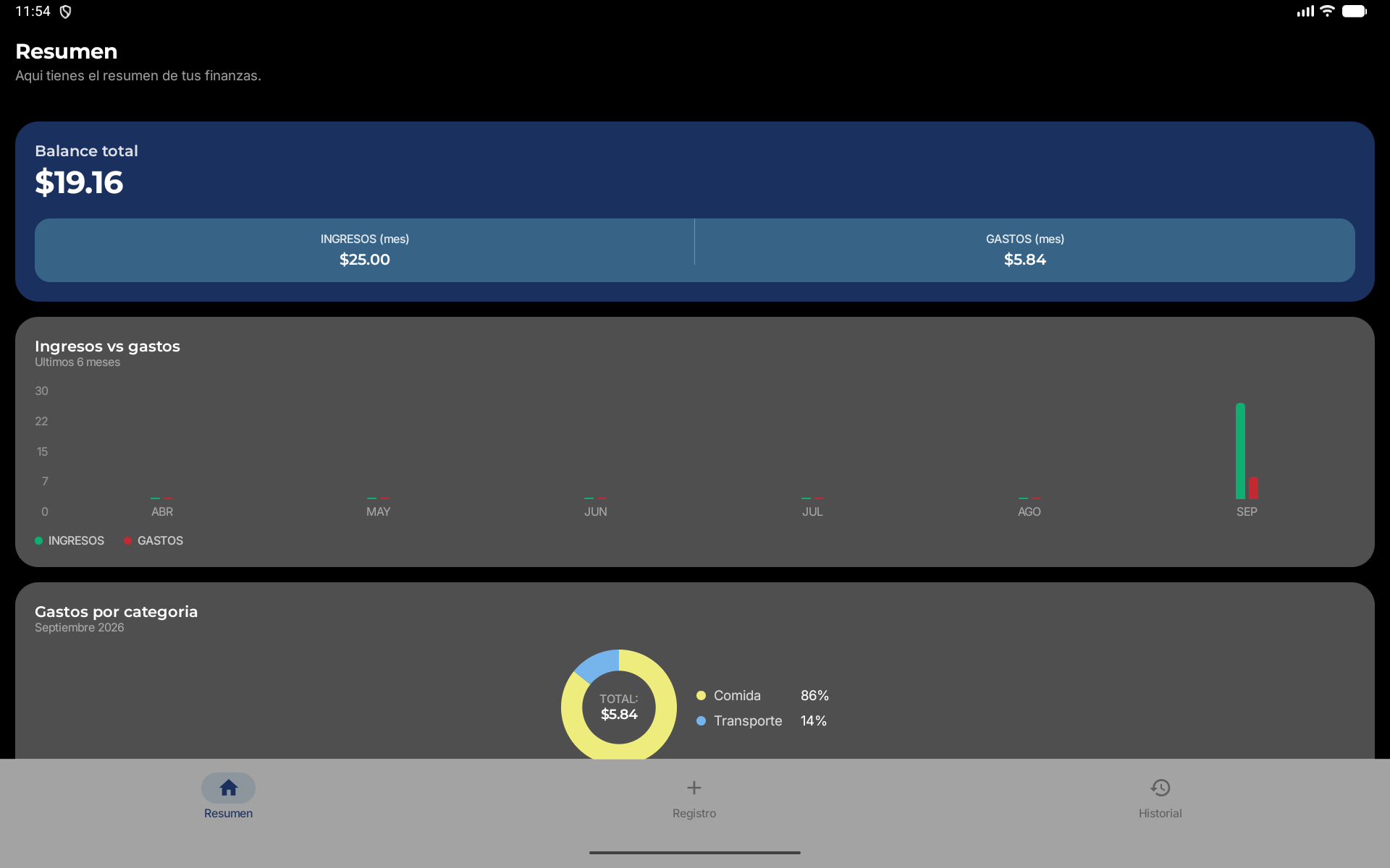 Pantalla Resumen en tablet, modo oscuro