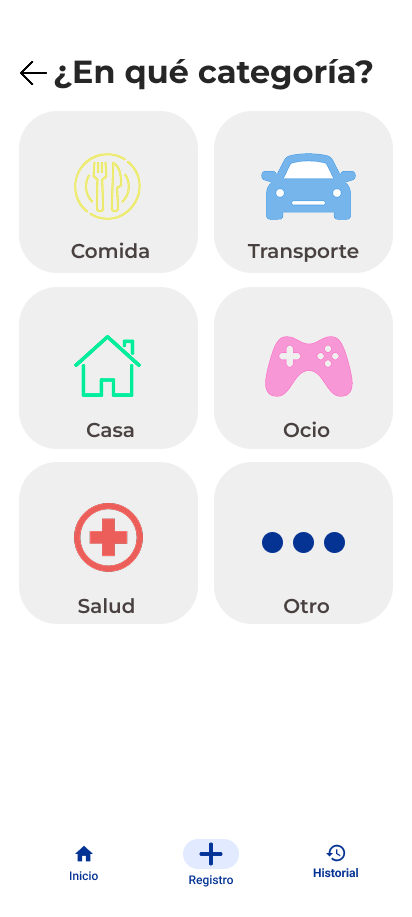 Wireframe del paso de categoría del registro en Figma